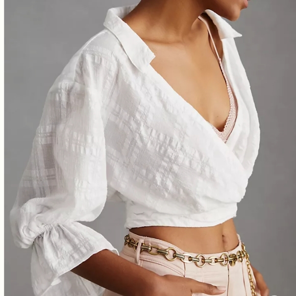 Anthropologie Banded Surplice V - Neck Blouse White Size Large - Picture 6 of 13